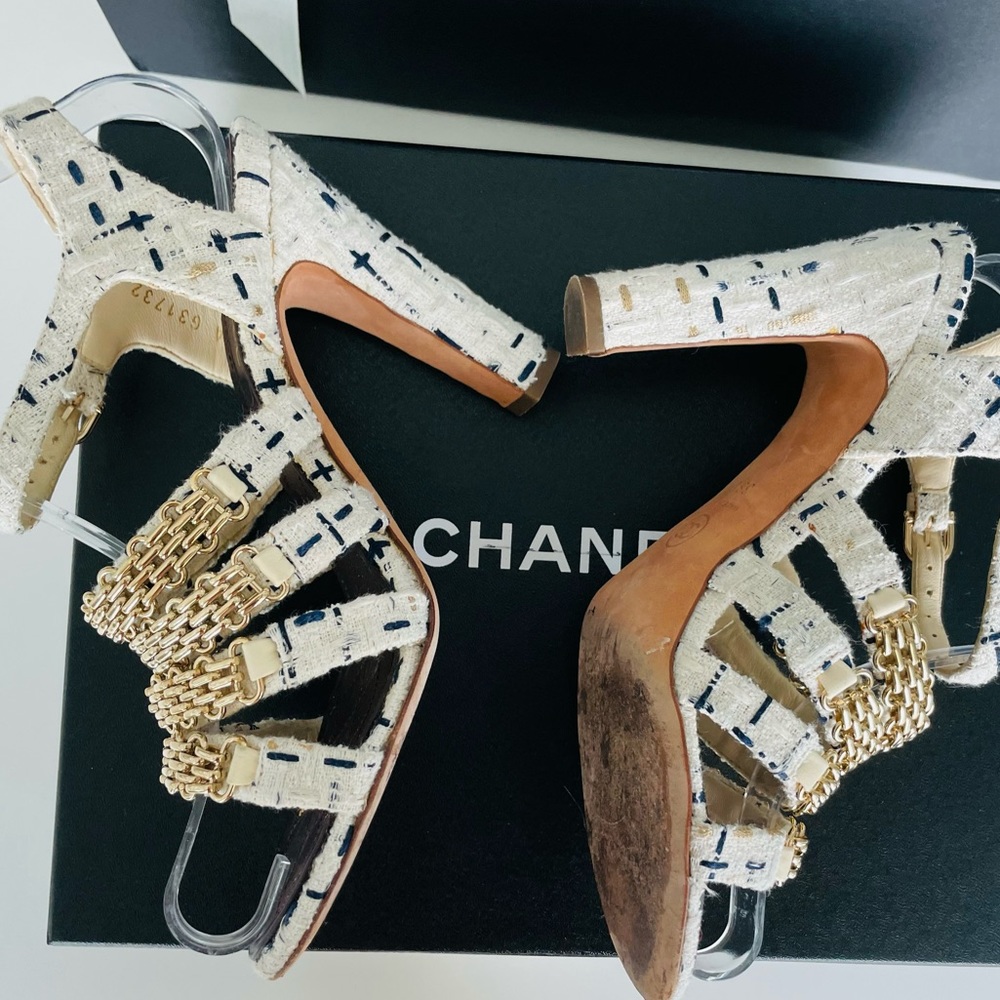 COPY - Chanel cc logos tweed gold chain strappy sandals size 38.5 - Picture 5 of 14